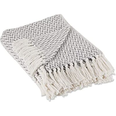 DII Moderne handgeweven katoenen plaid met franjes, 6,3 cm, 127 x 152,4 cm, grijs DII Moderne handgeweven katoenen plaid met franjes, 6,3 cm, 127 x 152,4 cm, grijs