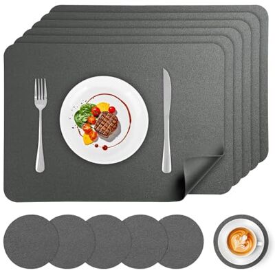 APLKER Afwasbare placemats en onderzetters, 6 stuks Onderzetters van kunstleer, placemat voor buiten en onderzetter, voor keuken, restaurant, hotel, 43 x 30 cm, donkergrijs APLKER Afwasbare placemats en onderzetters, 6 stuks Onderzetters van kunstleer, placemat voor buiten en onderzetter, voor keuken, restaurant, hotel, 43 x 30 cm, donkergrijs