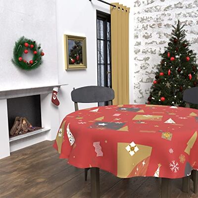 Soleil d'ocre , Tafelkleed, rond, vuilafstotend, diameter 180 cm, dennenboom, rood Soleil d'ocre , Tafelkleed, rond, vuilafstotend, diameter 180 cm, dennenboom, rood
