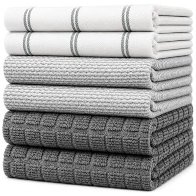 Bumble Towels Set van 6 grote theedoeken van hoogwaardig katoen, keukendoeken van badstof, zeer absorberend, met ophanglus, 50,8 x 71,1 cm, grijs geruit Bumble Towels Set van 6 grote theedoeken van hoogwaardig katoen, keukendoeken van badstof, zeer absorberend, met ophanglus, 50,8 x 71,1 cm, grijs geruit