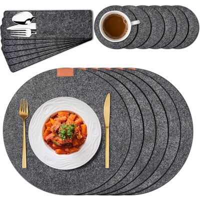 Cheerhom Set van 18 placemats van vilt, afwasbaar, antislip, hittebestendig, met 6 onderzetters, 6 bestekzakken, voor keuken, eettafel (rond) Cheerhom Set van 18 placemats van vilt, afwasbaar, antislip, hittebestendig, met 6 onderzetters, 6 bestekzakken, voor keuken, eettafel (rond)