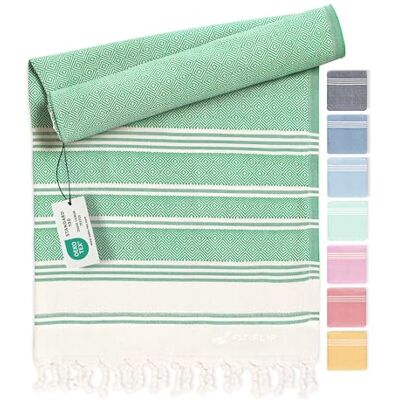 Fit-Flip Hamam Strandhanddoek, Fouta van 100% katoen, licht Turks laken, sneldrogend, perfect accessoire als strandlaken XXL of pareo, groen, 100 x 200 cm diameter Fit-Flip Hamam Strandhanddoek, Fouta van 100% katoen, licht Turks laken, sneldrogend, perfect accessoire als strandlaken XXL of pareo, groen, 100 x 200 cm diameter