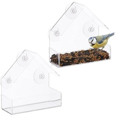 Relaxdays Set van 2 vogelvoederhuisjes met dak, 3 zuignappen, hoogte 15 x 15 x 7 cm, transparant Relaxdays Set van 2 vogelvoederhuisjes met dak, 3 zuignappen, hoogte 15 x 15 x 7 cm, transparant