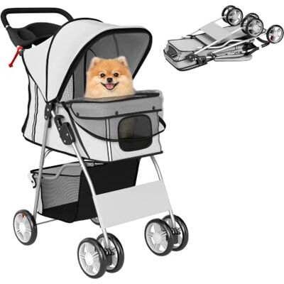 Pawhut Opvouwbare kinderwagen voor kleine honden en miniaturen, grijs Kinderwagen voor honden, katten met mand, bekerhouder, mesh-ramen, Oxford trolley Pawhut Opvouwbare kinderwagen voor kleine honden en miniaturen, grijs Kinderwagen voor honden, katten met mand, bekerhouder, mesh-ramen, Oxford trolley