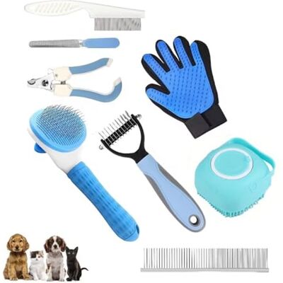 Fayet 8-in-1 verzorgingsset voor honden en katten, zelfreinigende borstel voor kort en lang haar, met kam, vlooienkam, badborstel, scrub, ondervachthark, nagelknipper Fayet 8-in-1 verzorgingsset voor honden en katten, zelfreinigende borstel voor kort en lang haar, met kam, vlooienkam, badborstel, scrub, ondervachthark, nagelknipper