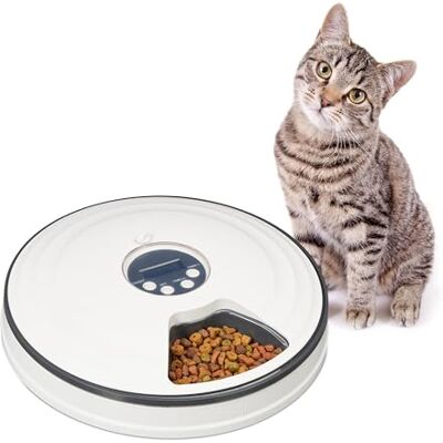 Relaxdays Automatische kattenvoerautomaat, tot 6 porties, h x d: 5,5 x 30,5 cm, kattenvoerbak met timer, wit/grijs Relaxdays Automatische kattenvoerautomaat, tot 6 porties, h x d: 5,5 x 30,5 cm, kattenvoerbak met timer, wit/grijs