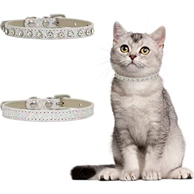 URROMA 2 stuks zilverkleurige leren halsband met strass voor kleine honden en katten, maat S URROMA 2 stuks zilverkleurige leren halsband met strass voor kleine honden en katten, maat S