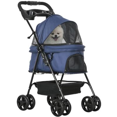 Pawhut Opvouwbare buggy voor honden en katten, opbergmand, 4 wielen, blauw Bekerhouder, waterdicht 300D Oxford-weefsel Pawhut Opvouwbare buggy voor honden en katten, opbergmand, 4 wielen, blauw Bekerhouder, waterdicht 300D Oxford-weefsel