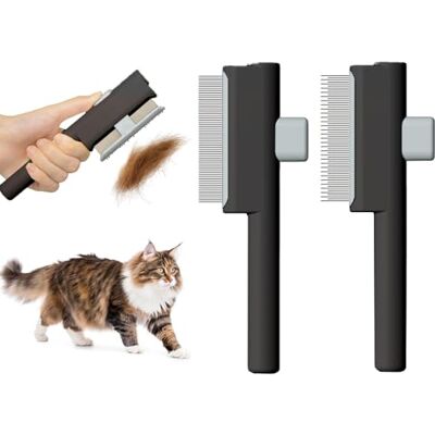 Marchul Zelfreinigende kam voor katten en honden, met ontgrendelingsknop en ronde tanden van roestvrij staal voor het verwijderen van klitten en los haar, zwart, 2 stuks Marchul Zelfreinigende kam voor katten en honden, met ontgrendelingsknop en ronde tanden van roestvrij staal voor het verwijderen van klitten en los haar, zwart, 2 stuks
