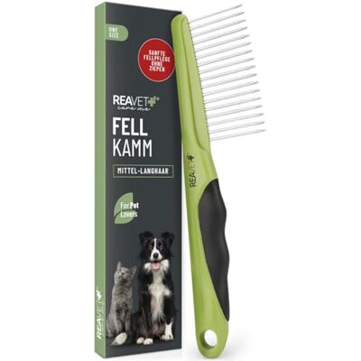 ReaVET Kam voor honden en katten voor medium en lang haar, verwijdert klitten en ontwart vacht, kam voor dagelijkse verzorging, kam voor honden en katten met afgeronde stalen tanden ReaVET Kam voor honden en katten voor medium en lang haar, verwijdert klitten en ontwart vacht, kam voor dagelijkse verzorging, kam voor honden en katten met afgeronde stalen tanden