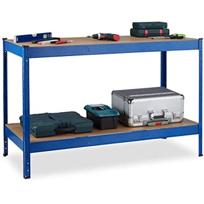Relaxdays Werkbank, 2 verstelbare oppervlakken, insteeksysteem, werkplaatswerktafel, staal, HLP 90,5 x 141 x 61 cm, blauw Relaxdays Werkbank, 2 verstelbare oppervlakken, insteeksysteem, werkplaatswerktafel, staal, HLP 90,5 x 141 x 61 cm, blauw