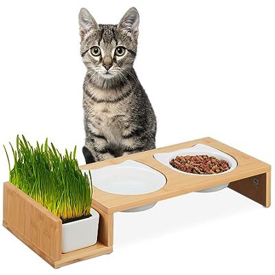 Relaxdays Kattenbak & grasbak, 2 keramische kommen 400 ml, voor vaatwasser, natuur wit Relaxdays Kattenbak & grasbak, 2 keramische kommen 400 ml, voor vaatwasser, natuur wit