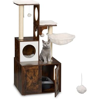 Relaxdays Krabpaal met kattenbak HBT 128 x 95 x 52 cm, sisalstammen en ligoppervlak, industriële stijl, bruin en wit Relaxdays Krabpaal met kattenbak HBT 128 x 95 x 52 cm, sisalstammen en ligoppervlak, industriële stijl, bruin en wit