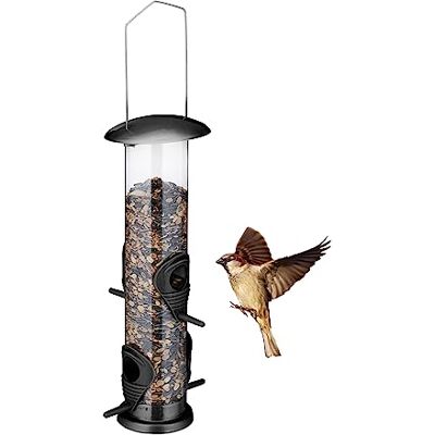 Relaxdays Vogelvoederdispenser om op te hangen, voederzuil voor vogels, 4 verzamelpunten, zwart Relaxdays Vogelvoederdispenser om op te hangen, voederzuil voor vogels, 4 verzamelpunten, zwart