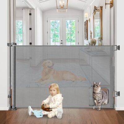 BETERTEK Intrekbaar babyhek met kattendeur, 203,2 cm breed, intrekbare barrière voor honden en honden, intrekbare buitenbarrière van gaas voor huisdieren (grijs) BETERTEK Intrekbaar babyhek met kattendeur, 203,2 cm breed, intrekbare barrière voor honden en honden, intrekbare buitenbarrière van gaas voor huisdieren (grijs)