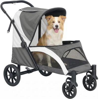 Pawhut Opvouwbare kinderwagen voor grote honden en katten tot 30 kg, met kussen, netramen, deuren, opbergtas, met veiligheidslijnen, remmen, donkergrijs Pawhut Opvouwbare kinderwagen voor grote honden en katten tot 30 kg, met kussen, netramen, deuren, opbergtas, met veiligheidslijnen, remmen, donkergrijs