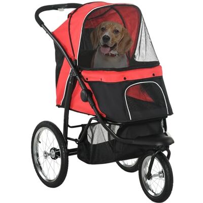 Pawhut Opvouwbare kinderwagen voor honden en katten tot 20 kg, met rubberen wielen op elk terrein, kussens, netramen, deuren, opbergmand, rood Pawhut Opvouwbare kinderwagen voor honden en katten tot 20 kg, met rubberen wielen op elk terrein, kussens, netramen, deuren, opbergmand, rood