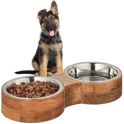 Relaxdays dubbele hondenbak met standaard, 2 roestvrijstalen kommen, elk 2,2 l, houten standaard, voederbak, waterbak, natuur/zilver Relaxdays dubbele hondenbak met standaard, 2 roestvrijstalen kommen, elk 2,2 l, houten standaard, voederbak, waterbak, natuur/zilver