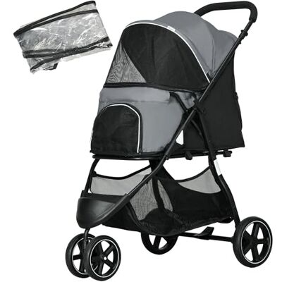 Pawhut Hondenwagen met regenhoes, 2 veiligheidslijnen, opbergmand, opvouwbaar, voor kleine miniatuurhonden, Oxford, grijs Pawhut Hondenwagen met regenhoes, 2 veiligheidslijnen, opbergmand, opvouwbaar, voor kleine miniatuurhonden, Oxford, grijs
