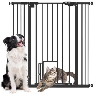 Pawhut Veiligheidshek voor dieren, 104 uur, hoog design, met kattendeur, automatische sluiting, dubbel vergrendelingssysteem, zonder boren, 74 tot 101 cm, staal, zwart Pawhut Veiligheidshek voor dieren, 104 uur, hoog design, met kattendeur, automatische sluiting, dubbel vergrendelingssysteem, zonder boren, 74 tot 101 cm, staal, zwart