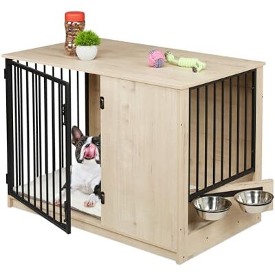 Relaxdays Hondenkooi, voor thuis, 65,5 x 102 x 60 cm (h x b x d), 2 x draaibak, houtlook, MDF en staal, grijs/zwart Relaxdays Hondenkooi, voor thuis, 65,5 x 102 x 60 cm (h x b x d), 2 x draaibak, houtlook, MDF en staal, grijs/zwart
