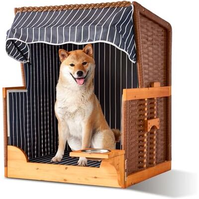 Relaxdays Strandstoel voor honden met voerbak en dak, van rotan, 95 x 75 x 65 cm, voor tuin en terras, donkerblauw Relaxdays Strandstoel voor honden met voerbak en dak, van rotan, 95 x 75 x 65 cm, voor tuin en terras, donkerblauw