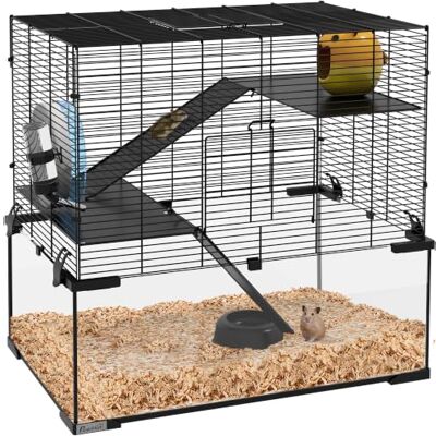 Pawhut Hamsterkooi met 3 niveaus, met wiel, oprijplaten, 60 x 40 x 54,5 cm Knaagdieren, leuningen, speelhuisje, drinkbak, voederhuis Pawhut Hamsterkooi met 3 niveaus, met wiel, oprijplaten, 60 x 40 x 54,5 cm Knaagdieren, leuningen, speelhuisje, drinkbak, voederhuis