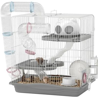 Pawhut Hamsterkooi, knaagdierkooi met 3 niveaus, met oefenwiel, tunnel, bak, hok en oprijplaat, voor dwerghamsters en gerbils, 45 x 30 x 45 cm, grijs Pawhut Hamsterkooi, knaagdierkooi met 3 niveaus, met oefenwiel, tunnel, bak, hok en oprijplaat, voor dwerghamsters en gerbils, 45 x 30 x 45 cm, grijs