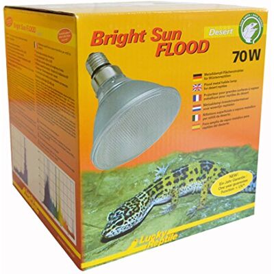 Lucky Reptile Bright Sun Flood Desert 70 W thermische metalen damplamp E27 fitting terrarium met daglichtspectrum & UVA- en UVB-stralen voor woestijnreptielen Lucky Reptile Bright Sun Flood Desert 70 W thermische metalen damplamp E27 fitting terrarium met daglichtspectrum & UVA- en UVB-stralen voor woestijnreptielen