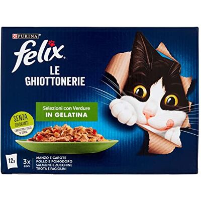 Felix Purina traktaties met groenten, natvoer voor katten, rundvlees, kip, zalm en forel, 12 x 85 g, 1020 g Felix Purina traktaties met groenten, natvoer voor katten, rundvlees, kip, zalm en forel, 12 x 85 g, 1020 g