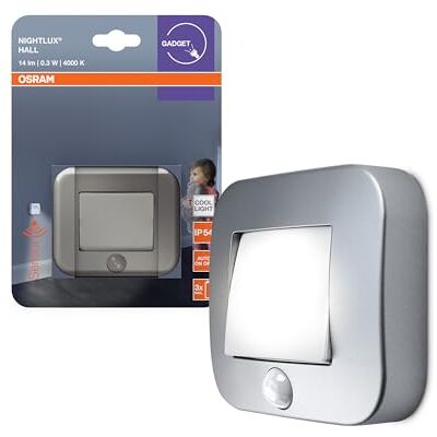 OSRAM NIGHTLUX Hall Nachtlampje, zilver, IP54, bewegingssensor, werkt op batterijen, koud wit licht, 4000 K, ideaal voor gangen en ingangen OSRAM NIGHTLUX Hall Nachtlampje, zilver, IP54, bewegingssensor, werkt op batterijen, koud wit licht, 4000 K, ideaal voor gangen en ingangen