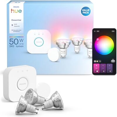 Philips Essential Starter Kit: Bridge+3 aangesloten GU10 Essential + Smart Button, WACA, 2200-6500 K, dimbaar, compatibel met Alexa, Google Assistant, Samsung SmartThings, Apple Home Philips Essential Starter Kit: Bridge+3 aangesloten GU10 Essential + Smart Button, WACA, 2200-6500 K, dimbaar, compatibel met Alexa, Google Assistant, Samsung SmartThings, Apple Home