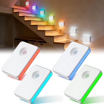 GBKDQQ Set van 4 nachtlampjes met bewegingsmelder, RGB 7 kleuren, bewegingsmelder binnen, oplaadbaar, traplamp voor kinderen, hal, slaapkamer, keuken, badkamer GBKDQQ Set van 4 nachtlampjes met bewegingsmelder, RGB 7 kleuren, bewegingsmelder binnen, oplaadbaar, traplamp voor kinderen, hal, slaapkamer, keuken, badkamer