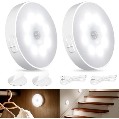 AiQInu Nachtlampje met bewegingsmelder, binnen, 2 stuks ledverlichting met 3 modi (auto/aan/uit), led-nachtlampje, zelfklevend, USB, oplaadbaar, voor hal, trap AiQInu Nachtlampje met bewegingsmelder, binnen, 2 stuks ledverlichting met 3 modi (auto/aan/uit), led-nachtlampje, zelfklevend, USB, oplaadbaar, voor hal, trap
