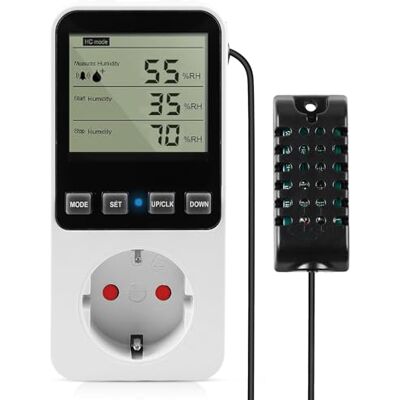 HOSPAOP 230 V temperatuur- en vochtigheidsregelaar met sonde, digitale hygrostthermostaat met stopcontact, timer, alarm en controller voor kassen, aquaria, terraria en paddenstoelen HOSPAOP 230 V temperatuur- en vochtigheidsregelaar met sonde, digitale hygrostthermostaat met stopcontact, timer, alarm en controller voor kassen, aquaria, terraria en paddenstoelen