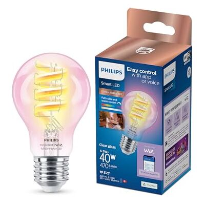 Philips Smart Lighting, RGB LED-lamp aangesloten op filament A60, E27-fitting, 470 lm, kleurlicht en wit, verstelbaar, 2200-6500 K, lage dimmen, verbonden door WiZ, Alexa, Google Home, Apple Home Philips Smart Lighting, RGB LED-lamp aangesloten op filament A60, E27-fitting, 470 lm, kleurlicht en wit, verstelbaar, 2200-6500 K, lage dimmen, verbonden door WiZ, Alexa, Google Home, Apple Home