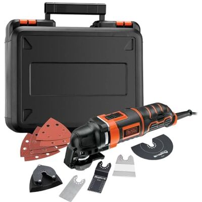 Black & Decker Multifunctioneel gereedschap, bekabeld, 300 W, 22.000 omw/min, 2,8 graden, snelle bevestiging en zonder gereedschap, levering in koffer met 11 accessoires: zagen, slijpen en schrapen, MT300KA-QS Black & Decker Multifunctioneel gereedschap, bekabeld, 300 W, 22.000 omw/min, 2,8 graden, snelle bevestiging en zonder gereedschap, levering in koffer met 11 accessoires: zagen, slijpen en schrapen, MT300KA-QS