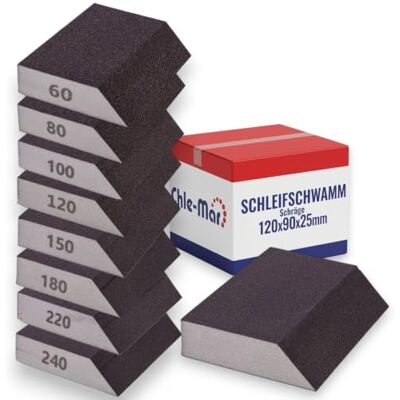 Chle-Mar 8 x schuursponzen korrel 60-240 schuurblok voor hout, metaal en kunststof schuurset voor handmatig slijpen afgeschuinde spons voor randen en moeilijk bereikbare plaatsen Chle-Mar 8 x schuursponzen korrel 60-240 schuurblok voor hout, metaal en kunststof schuurset voor handmatig slijpen afgeschuinde spons voor randen en moeilijk bereikbare plaatsen