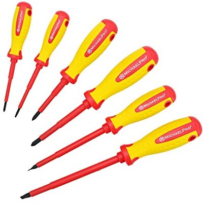 MichaelPro MP002030 VDE geïsoleerde schroevendraaierset voor elektriciens, professionele kruiskopschroevendraaier met magnetische punten, 10.000 V geteste bladen, CR-MO staal, 6 stuks MichaelPro MP002030 VDE geïsoleerde schroevendraaierset voor elektriciens, professionele kruiskopschroevendraaier met magnetische punten, 10.000 V geteste bladen, CR-MO staal, 6 stuks