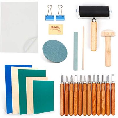 ZPONEED 27-delige starterset voor blokdruk, rubberen stempelproductieset met stempelblok, inktrol, snijgereedschap, stempelpapier en inktmengpad voor stempelhouwen en graveren ZPONEED 27-delige starterset voor blokdruk, rubberen stempelproductieset met stempelblok, inktrol, snijgereedschap, stempelpapier en inktmengpad voor stempelhouwen en graveren