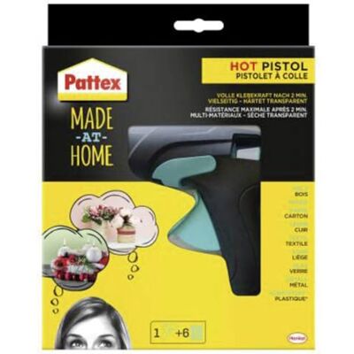 Pattex Made at Home lijmpistool, lijmpistool voor creatief knutselwerk, set bestaande uit 1 smeltlijmpistool en 6 lijmstiften met een diameter van 11 mm Pattex Made at Home lijmpistool, lijmpistool voor creatief knutselwerk, set bestaande uit 1 smeltlijmpistool en 6 lijmstiften met een diameter van 11 mm