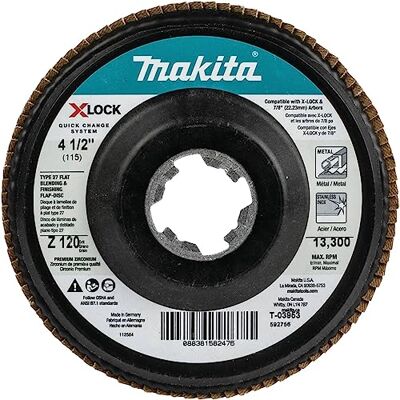 Makita T-03953 X-Lock 4-1/2 inch 120 Grit Type 27 Flat Blending and Finishing Flap Disc voor X-Lock en All 7/8" Arbor Grinders Makita T-03953 X-Lock 4-1/2 inch 120 Grit Type 27 Flat Blending and Finishing Flap Disc voor X-Lock en All 7/8" Arbor Grinders