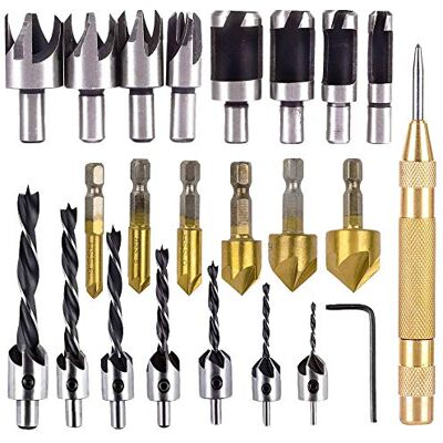 Rocaris 23 stuks houtsnijgereedschap, 6 stuks 1/4 inch zeskant 5 fluit 90 graden teller boorbits, 7 stuks drie punten met L-draai, 8 stuks houten plug-snijder en automatisch Rocaris 23 stuks houtsnijgereedschap, 6 stuks 1/4 inch zeskant 5 fluit 90 graden teller boorbits, 7 stuks drie punten met L-draai, 8 stuks houten plug-snijder en automatisch