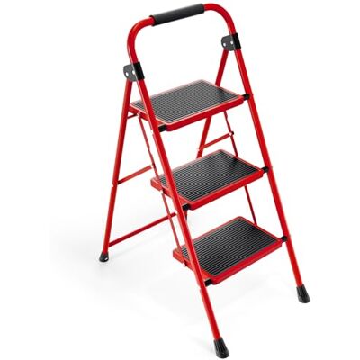 kingrack Opvouwbare trapladder met 3 treden met antislip en breed pedaal, kleine ladder met handgreep, robuuste stalen ladder, lichte en draagbare trapladder, rood kingrack Opvouwbare trapladder met 3 treden met antislip en breed pedaal, kleine ladder met handgreep, robuuste stalen ladder, lichte en draagbare trapladder, rood