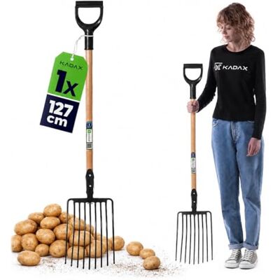 KADAX Stalen steenvork, 23 x 127 cm, bietenvork met D-handvat, vork met houten handvat, schopvork, hooivork, aardappelvork KADAX Stalen steenvork, 23 x 127 cm, bietenvork met D-handvat, vork met houten handvat, schopvork, hooivork, aardappelvork