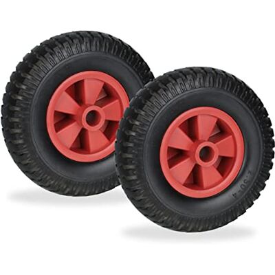Relaxdays 2 stuks kruiwagenwielen, 2,50-4, massief rubber, kunststof, lekbestendig, reservewiel, 80 kg, zwart/rood Relaxdays 2 stuks kruiwagenwielen, 2,50-4, massief rubber, kunststof, lekbestendig, reservewiel, 80 kg, zwart/rood