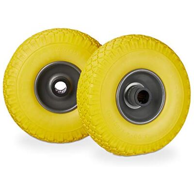 Relaxdays 2 stuks steekwagenwielen, lekbestendig, 3.00-4, massief rubberen banden, stalen velg, as 25 mm, 100 kg, 260 x 85 mm, geel-grijs Relaxdays 2 stuks steekwagenwielen, lekbestendig, 3.00-4, massief rubberen banden, stalen velg, as 25 mm, 100 kg, 260 x 85 mm, geel-grijs
