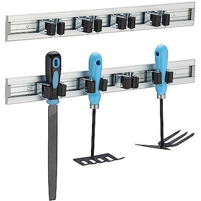 Relaxdays Set van 2 wandgereedschaphouders voor tuingereedschap, aluminium, zilver, 4 wandklemmen Relaxdays Set van 2 wandgereedschaphouders voor tuingereedschap, aluminium, zilver, 4 wandklemmen