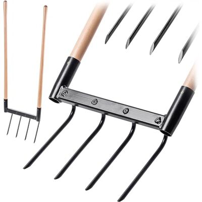 KADAX Broadfork 4 tanden tuinvork 49,5 x 134 cm lange houten stelen voor het losmaken van grond en tuinieren KADAX Broadfork 4 tanden tuinvork 49,5 x 134 cm lange houten stelen voor het losmaken van grond en tuinieren