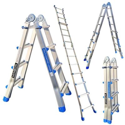 WORHAN Ladder, 414 cm, aluminium, telescopisch, 4,14 m, opvouwbaar, veelzijdig, robuust, L4 WORHAN Ladder, 414 cm, aluminium, telescopisch, 4,14 m, opvouwbaar, veelzijdig, robuust, L4